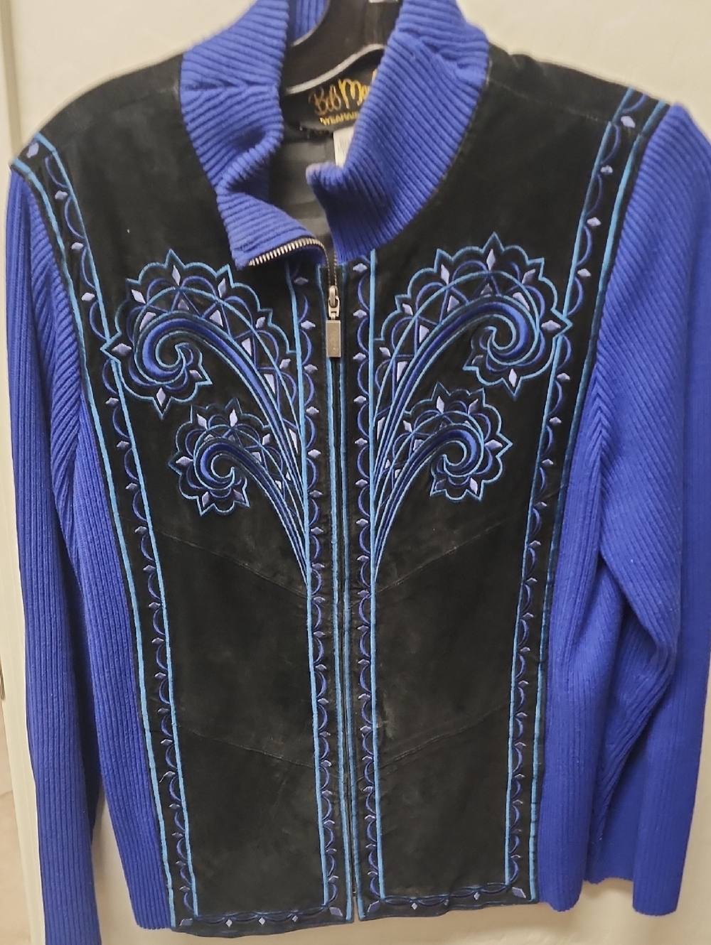 Bob Mackie Black Suede Front Jacket with Royal Blue Embroidery
